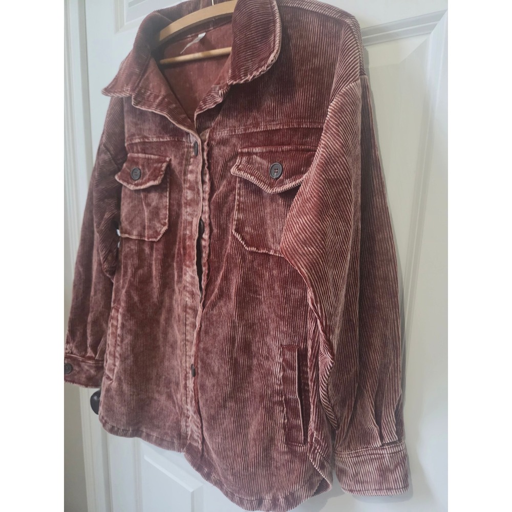 Zenana Womens Mineral Wash Corduroy Shacket Burgundy Mauve Oversized Medium - Picture 3 of 7